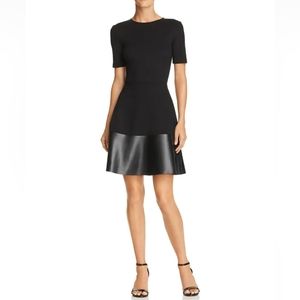AQUA Little Black Dress Faux Leather Hem Short Sleeve Fit & Flare  Size S